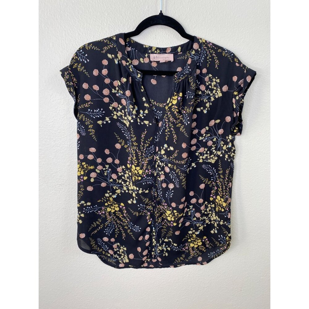 Philosophy Republic Womens Floral Print Blouse S Lightweight Short Sleeve Black - Picture 3 of 7